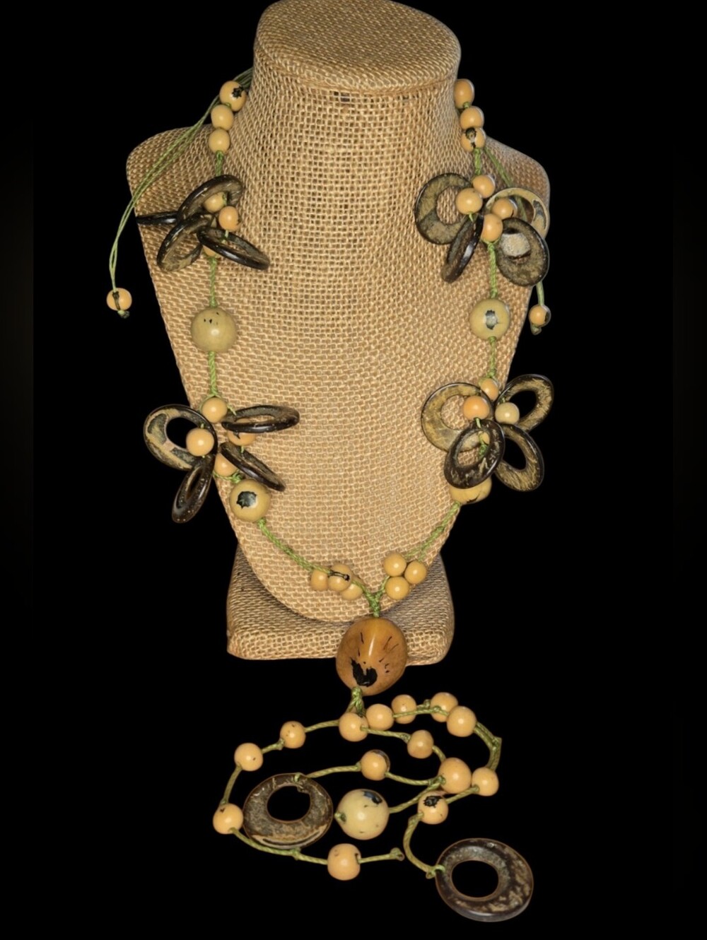 Adjustable Tagua Nut and Carved Seed Statement Lariat Necklace
